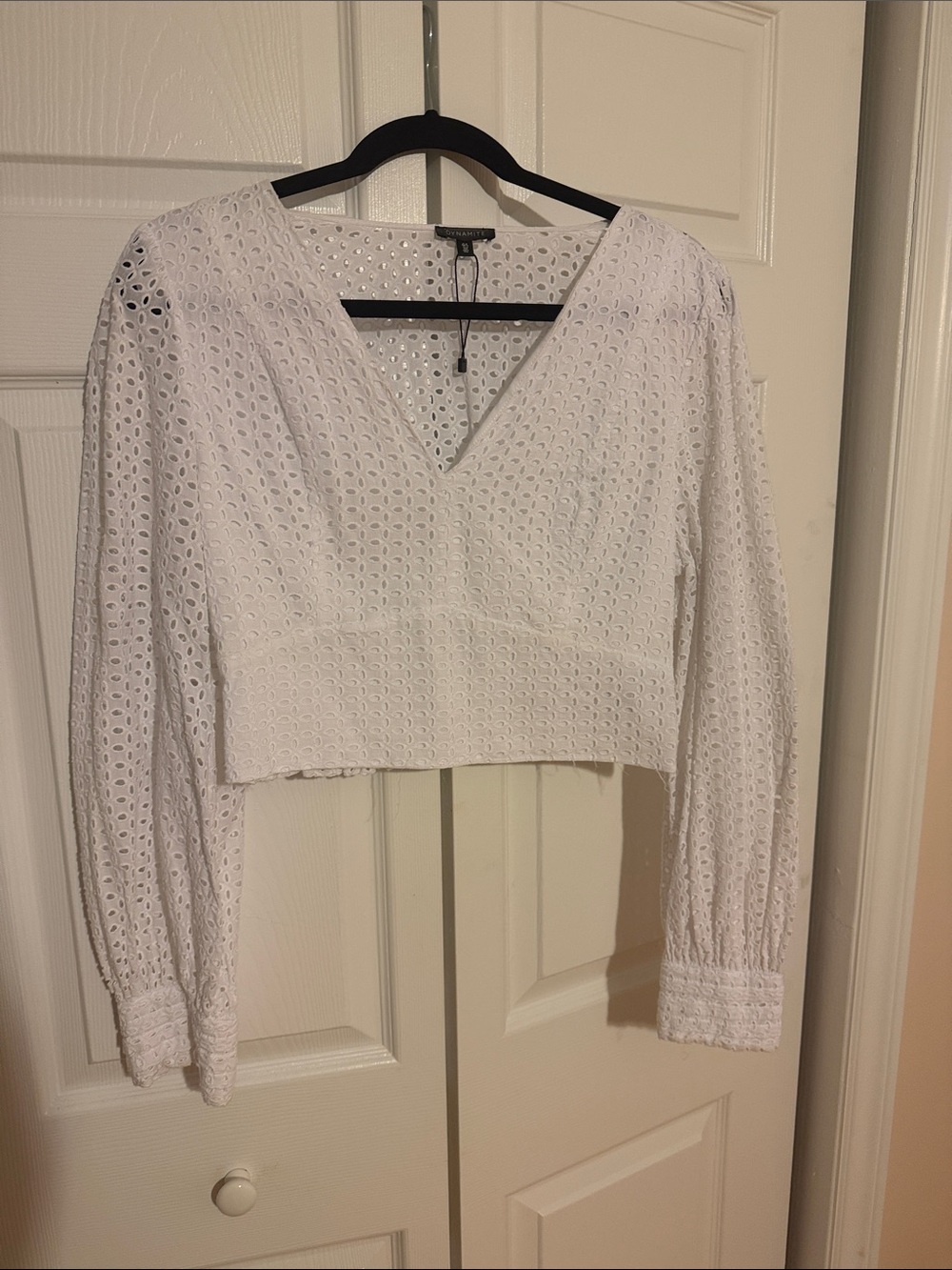 Dynamite White Eyelet V-Neck Long Sleeve Cropped Top